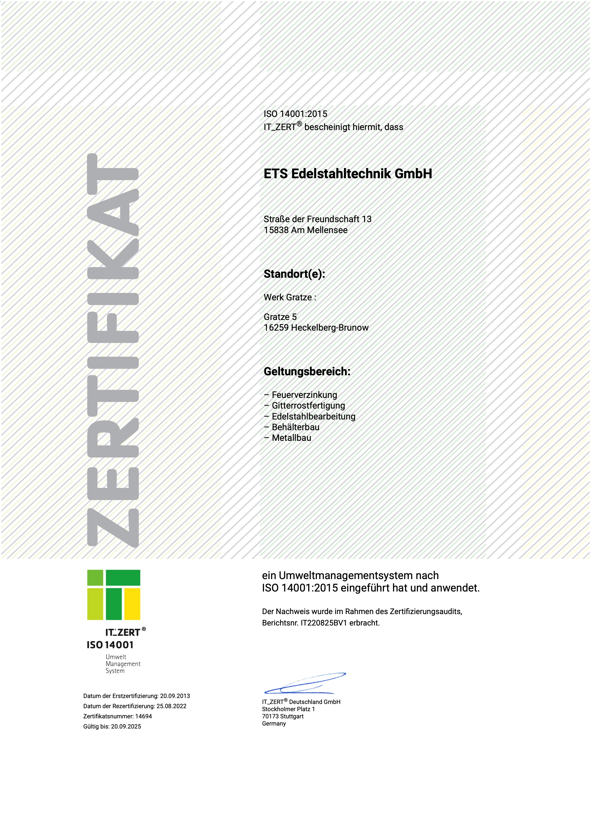 Zerfikat nach ISO 14001